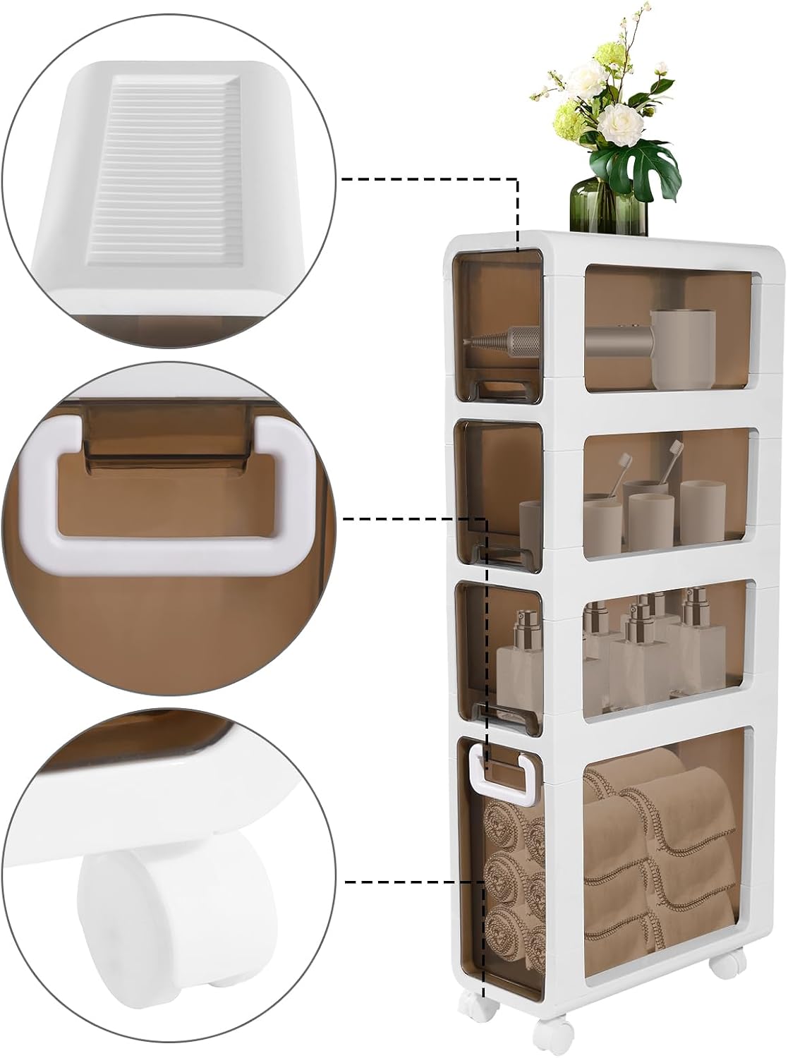 5-Tier Slim Bathroom Storage Cabinet,Narrow Floor Cabinets with Drawers and Wheels,Rolling Narrow Organizer for Small Spaces,Kitchen,Laundry,7.9”W