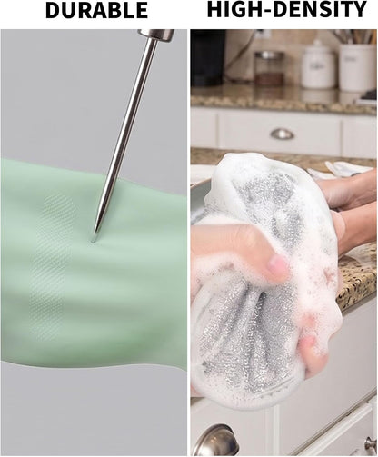 3PCS Dishwashing Cleaning Gloves + 3PCS Wire Dish Rags Set - Long Cuff Reusable Rubber Gloves & Non-Scratch for Kitchen, Cleaning, Gardening - Waterproof, Tear-Resistant