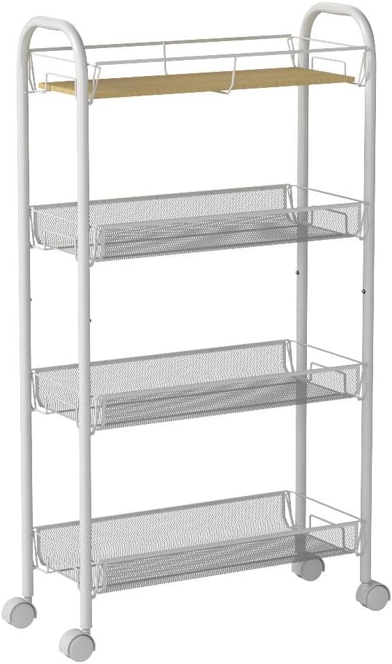 KINGRACK 4-Tier Slim Rolling Cart with Wooden Tabletop, Easy Assemble Metal Utility Cart, Slide Out Narrow Storage Cart for Narrow Space on Bedroom Bathroom Laundry Room Apartments Dormitory, Pink
