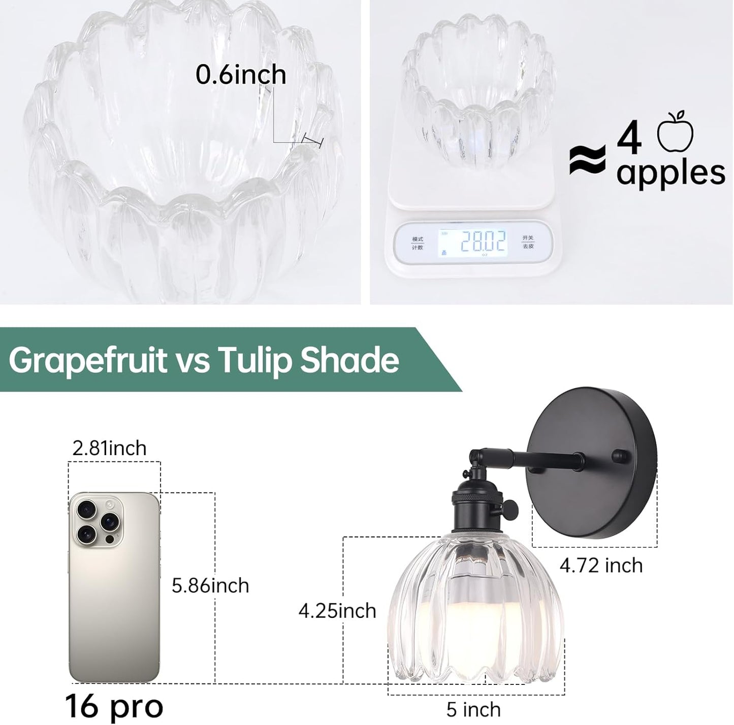 Shenmoyl Vintage Battery Operated Wall Sconce with Transparent Tulip Glass Lampshade Rechargeable Battery Powered Wall Light with Remote Control for Bedside Bedroom Doorway, Set of 2