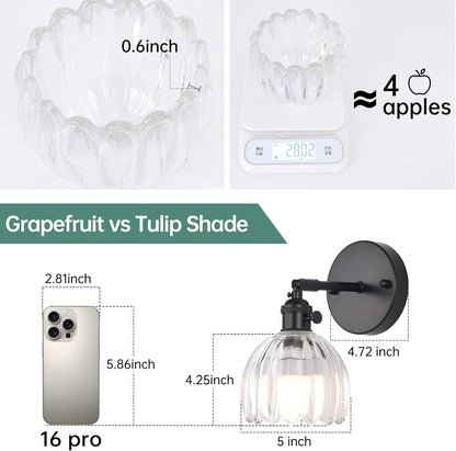 Shenmoyl Vintage Battery Operated Wall Sconce with Transparent Tulip Glass Lampshade Rechargeable Battery Powered Wall Light with Remote Control for Bedside Bedroom Doorway, Set of 2