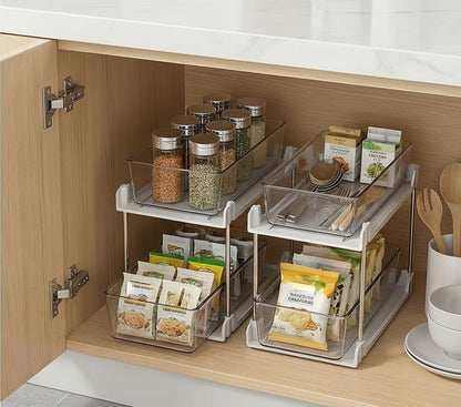 2 Pack Bathroom Organizer,2 Tier Blue Under Sink Organizers Vanity Countertop Storage Container,Cabinet Drawers Bins, Pull-Out Organization with Track for Pantry, Kitchen