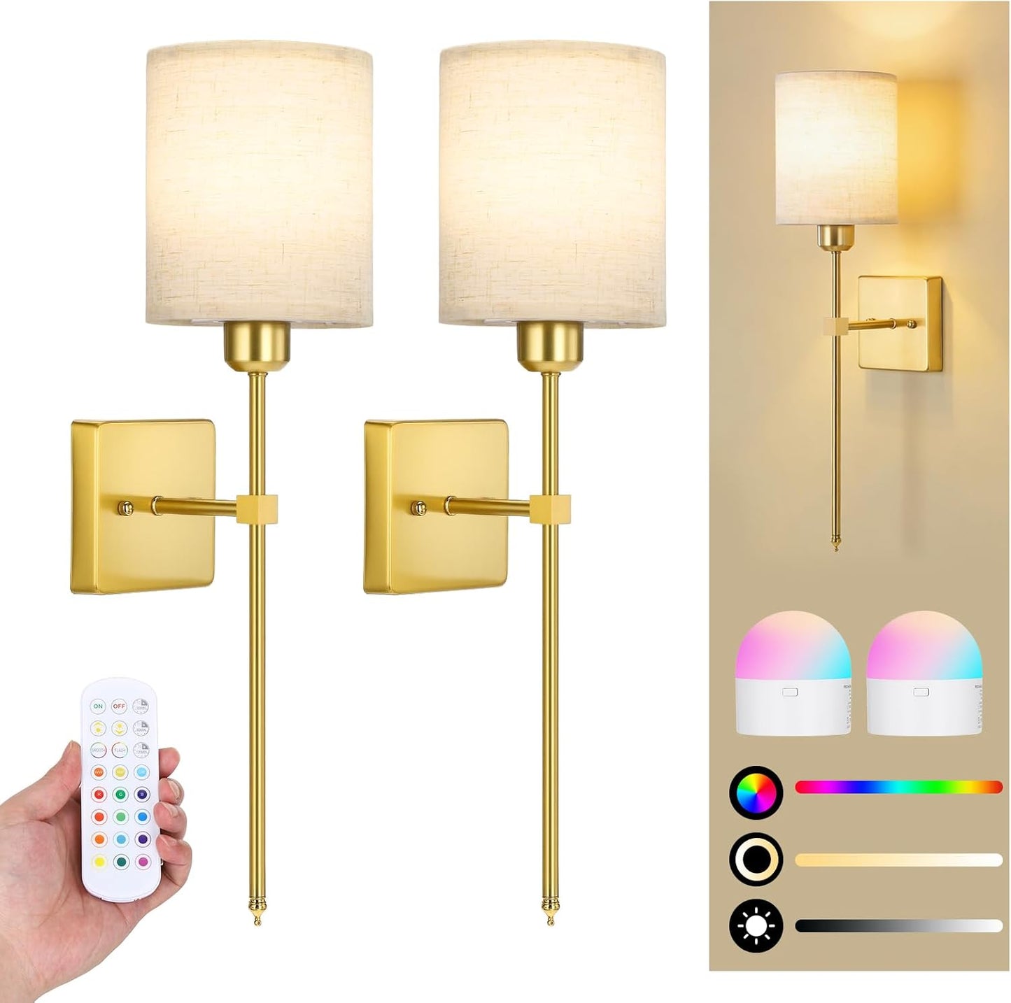 Battery Operated Wall Sconce Set of 2, Black Wireless Wall Lights with Remote 5300mAh Rechargeable Dimmable Bulb, 12 Colors Wireless Wall Sconces for Bedroom Living Room Hallway