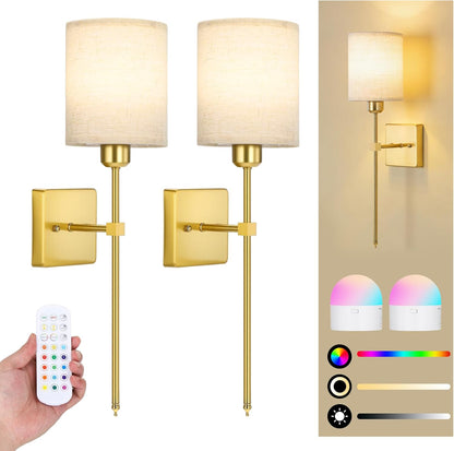 Battery Operated Wall Sconce Set of 2, Black Wireless Wall Lights with Remote 5300mAh Rechargeable Dimmable Bulb, 12 Colors Wireless Wall Sconces for Bedroom Living Room Hallway