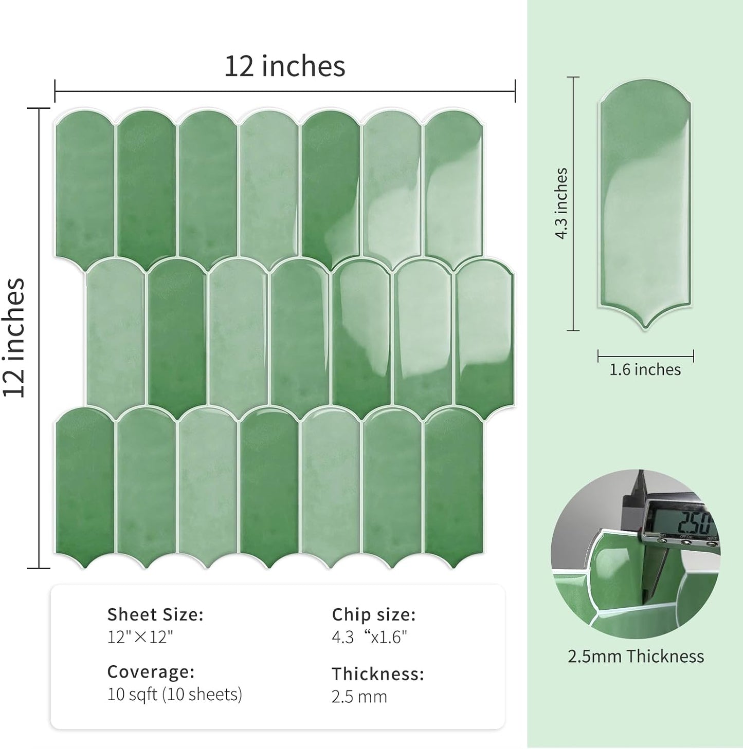 10-Sheet Upgraded Thicker Peel and Stick Kitchen Backsplash Tiles | Waterproof Self-Adhesive Vinyl Wall Tile Stick on Backsplash for Kitchen,Bathroom,Fireplace and RV(Sage Green,12"×12")