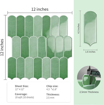 10-Sheet Upgraded Thicker Peel and Stick Kitchen Backsplash Tiles | Waterproof Self-Adhesive Vinyl Wall Tile Stick on Backsplash for Kitchen,Bathroom,Fireplace and RV(Sage Green,12"×12")