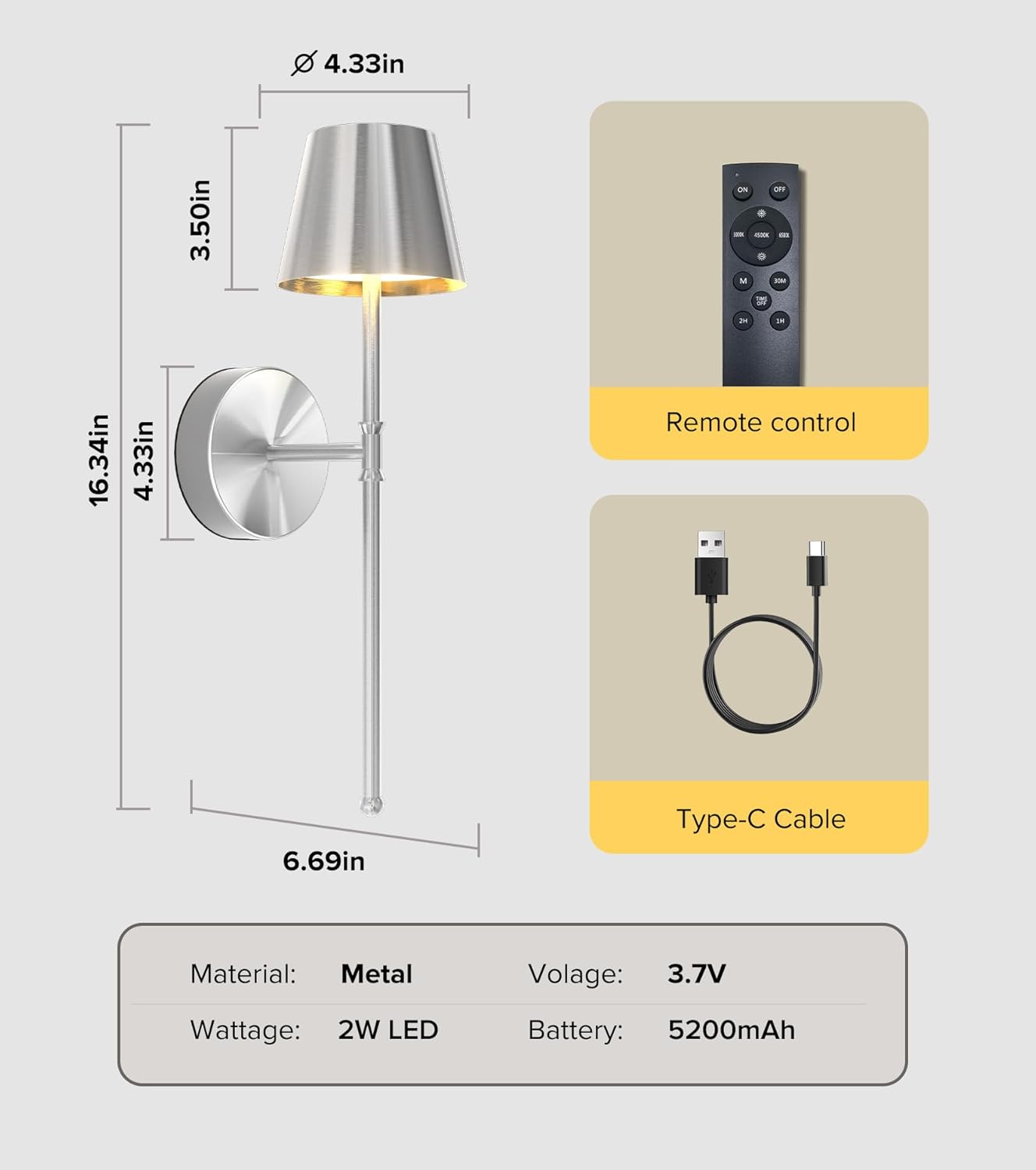 UME Wireless Sconces Set of 2 with Remote, 5200mAh Battery Powered Sconces - Small Rechargeable Sconces w/ 3 Color Temps & 5 Brightness Levels for Bedroom, Living Room, Wall Painting, Cafe (Black)
