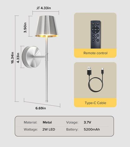 UME Wireless Sconces Set of 2 with Remote, 5200mAh Battery Powered Sconces - Small Rechargeable Sconces w/ 3 Color Temps & 5 Brightness Levels for Bedroom, Living Room, Wall Painting, Cafe (Black)