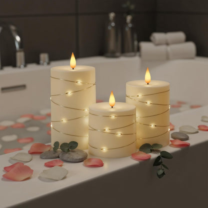 Raycare Flameless Candles with Remote Timer, Flickering Battery Operated LED Pillar Fake Candle with String Lights for Home Decor, Christmas, Wedding and Gift, White, Set of 3