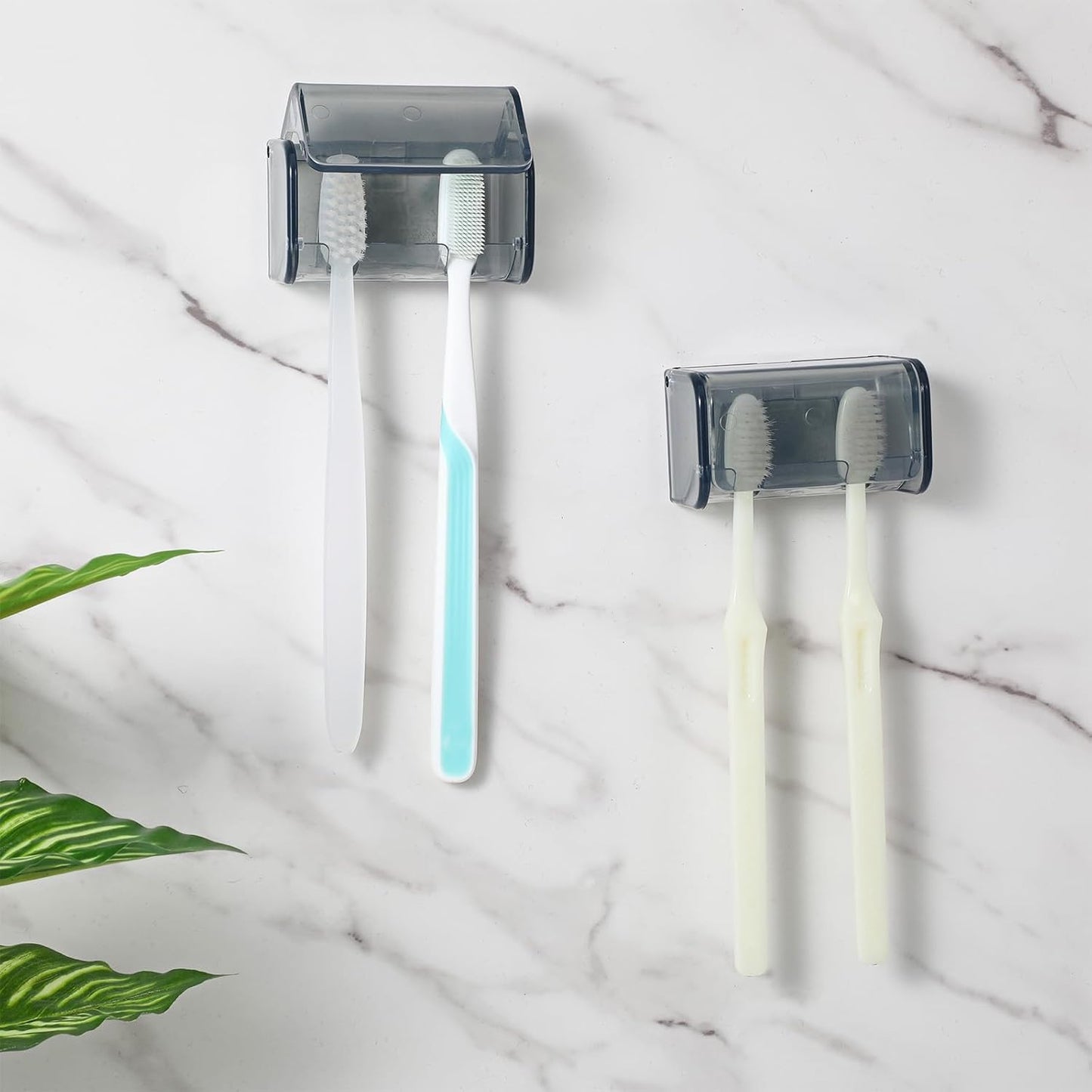 2 Pcs Toothbrush Holders Wall Mounted, Tooth Brush Holder with Cover, Electric Tooth Brushing Holder for Bathroom, 2 Slots Toothbrush Storage Organizer Suitable for Cabinet, Family, Travel