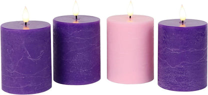 Fanna Flameless LED Pillar Candles with Timer for Wreath, Battery Operated Rustic Wax Candles with Remote for Christmas, 8 Batteries Included - Set of 4 (D 3" x H 4") - Ivory