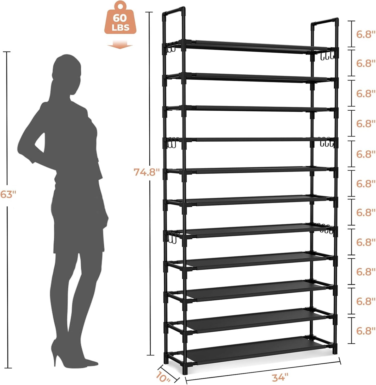 LANTEFUL 10 Tiers Shoe Rack 50 Pairs Large Capacity Tall Shoe Organizer Sturdy Shoe Storage with Two Hooks Space Saving Metal Wide Shoe Rack for Closet, Entryway, Bedroom, Black