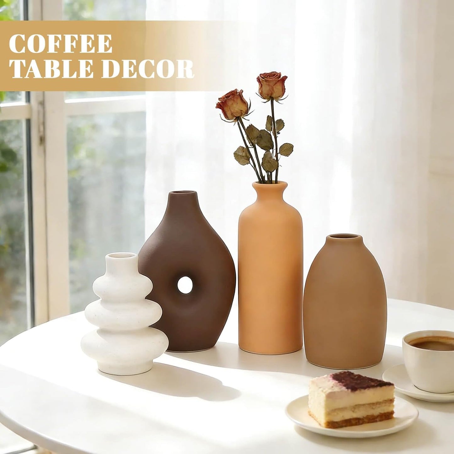 Ceramic Vase Set of 4 Modern Farmhouse Decor Vases for Home Table Centerpiece - Rustic Flower Vases for Living Room Kitchen Shelf Bedroom Office Bathroom Dining and Coffee Table Decor