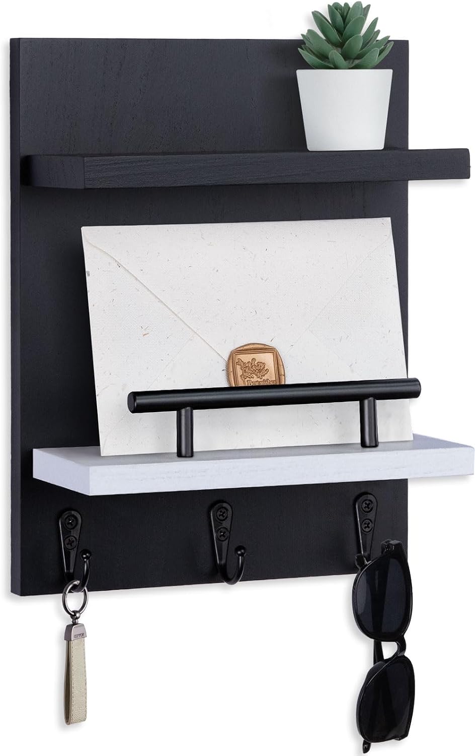 Key Holder Wall Mount, Mail Shelf Decor with 3 Key Hooks, Versatile Wood Wall Organizer for Entryway Hallway (8.2” x 10.6”x 3.6”) (White)