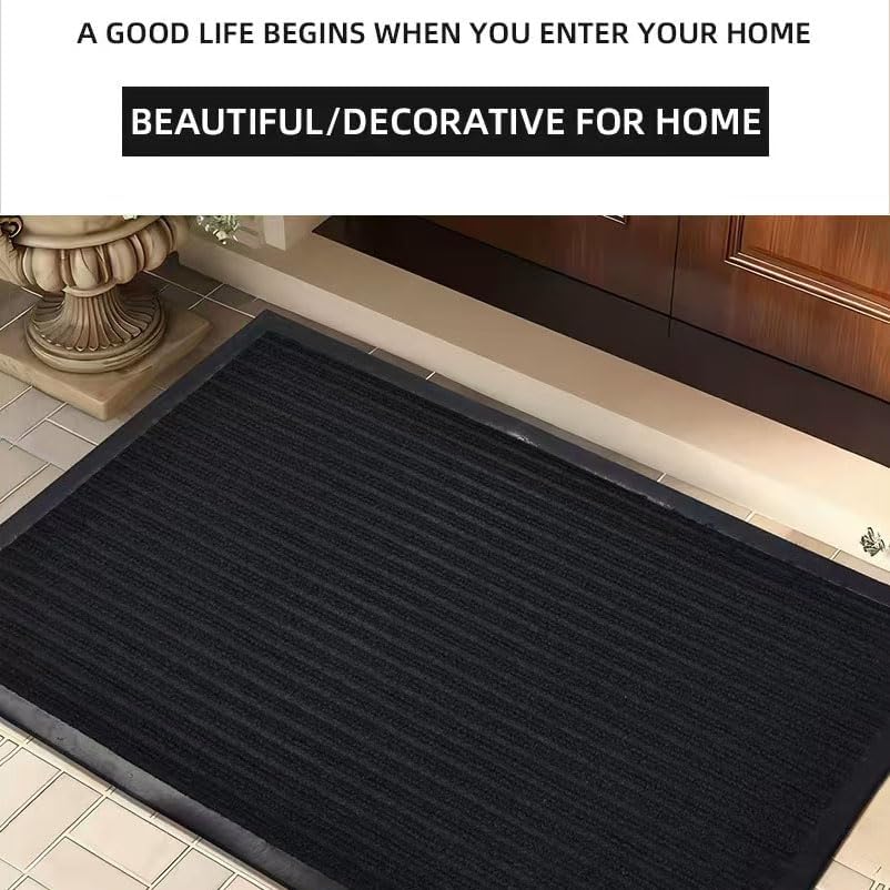 Door Mat Non-Slip Washable Entryway Rug, Heavy Duty Striped Shoe Scraper for Indoor Outdoor Entrance Garage Patio (Black)