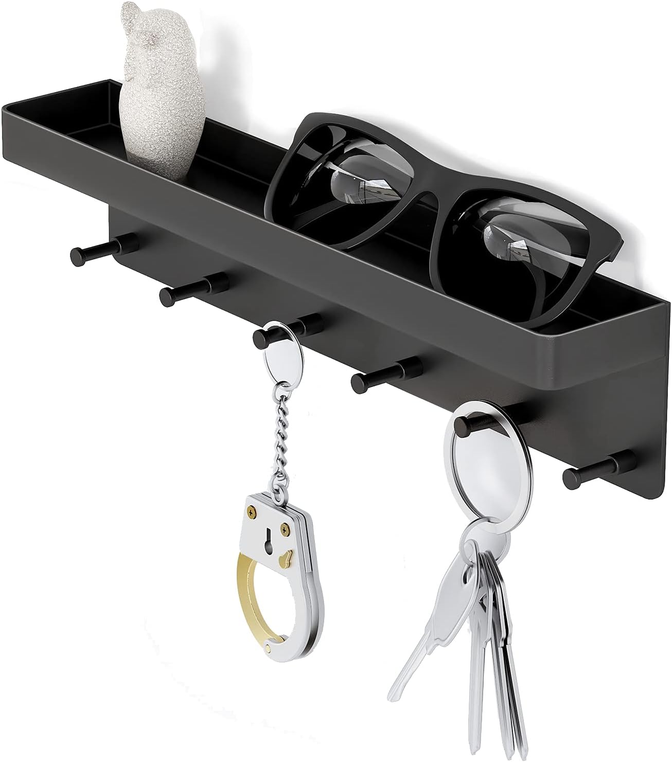 MKO Key Holder Wall Mount, Key Holder Wall Mount Adhesive with Mail Organizer Tray with 6 Key Hooks for Wall, Black
