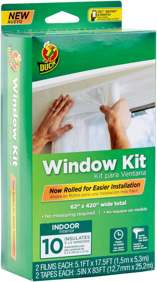Duck Brand Winter Window Insulation Kit – Window Seal Rolled Shrink Film Covers Up to 15 3’ x 5’ Windows – Window Tape Included – Easy Indoor Installation - Clear - 15-Pack (288069)