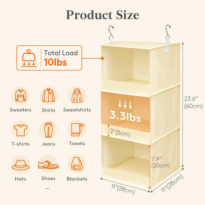 Lifewit 3 Tier Hanging Closet Storage Organizer for Shelves, Front Anti-Slip Clothes Storage Hanger with 2 Sturdy Hooks, Vertical Foldable Sweater Organization for Shlef, Wardrobe, Dorm, RV, Gray