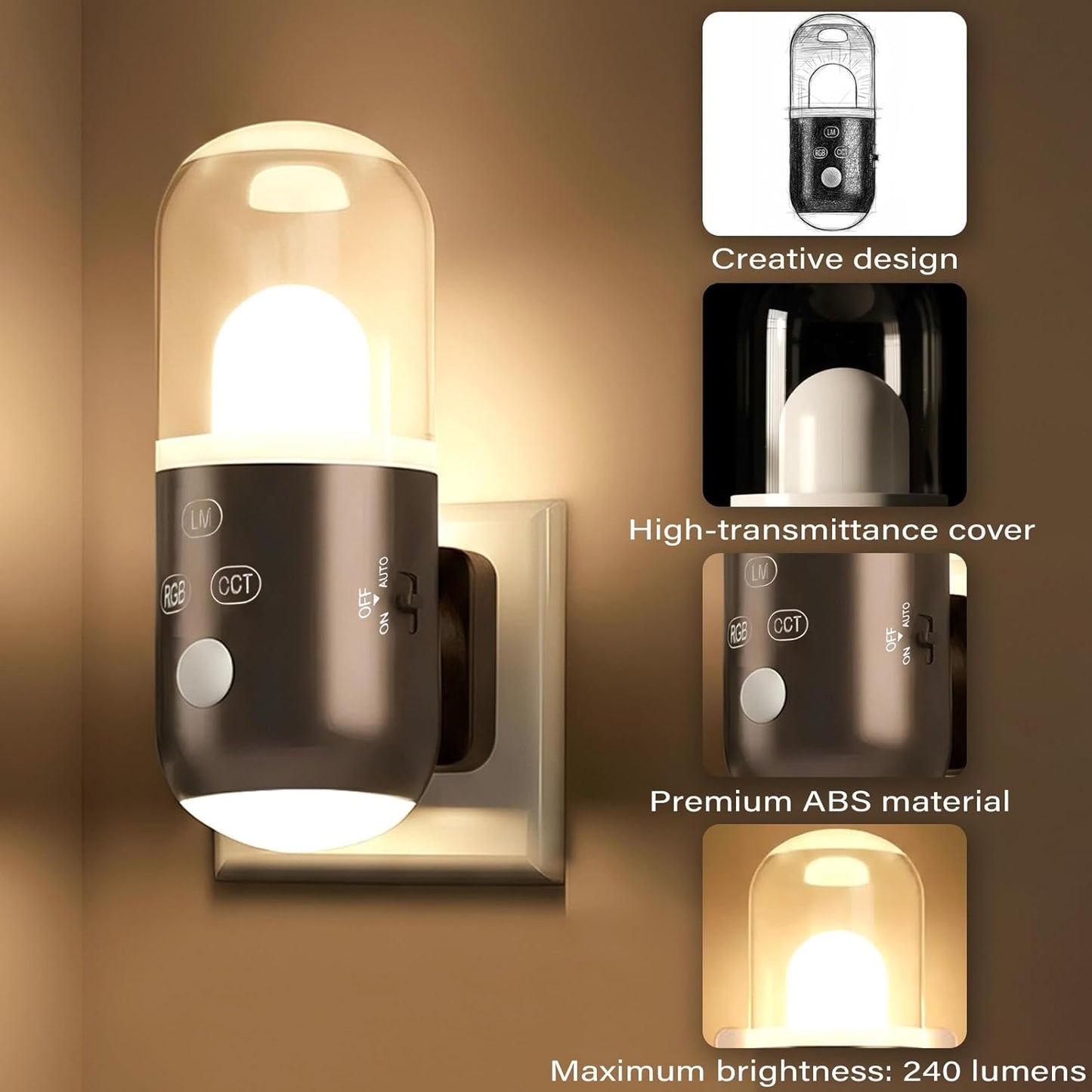 Night Light Plug into Wall with Motion Sensor & Dusk to Dawn Sensor, 3 Color Temperatures,RGB 8 Modes, 5-Level Dimming (20-240 LM) LED Night Light for Bedroom, Hallway, Stairs (White 2pcs)