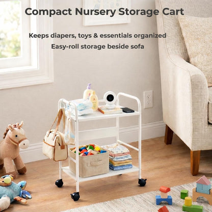 2-Tier Metal Rolling Cart, Compact Under Desk Storage Organizer | 12.2" clearance fits binders & tall bottles; anti-drop safety guard; small space mobile shelf for home, bedroom & office.