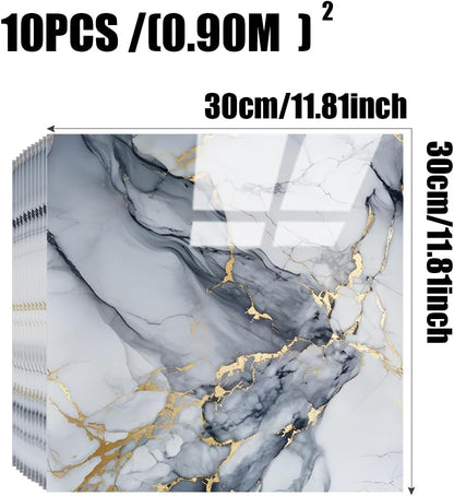 Chejiaye 10pcs Marble Peel and Stick Backsplash Waterproof Washroom Wall Panels, Peel and Stick Tile, PVC Foam Wall Panels for Kitchen,Bathroom,Living Room,Blue and Gold(Not Real Tile,11.8" x 11.8")