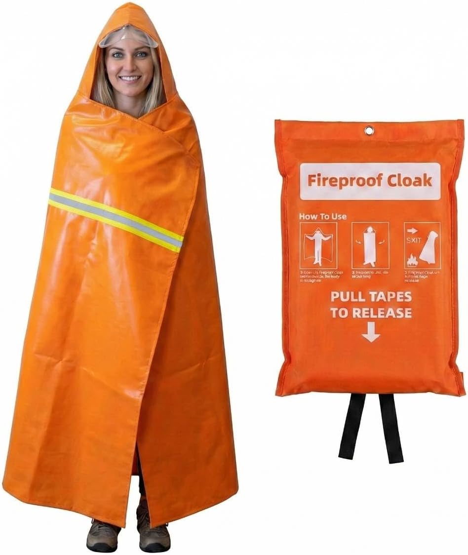 Fireproof Cloak with Transparent Visor, 1200°F Heat Resistant Fire Escape Cape for Home, No-Itch Silicone Emergency Fire Blanket for Rapid Family Safety & Survival, 71x63 Full Body