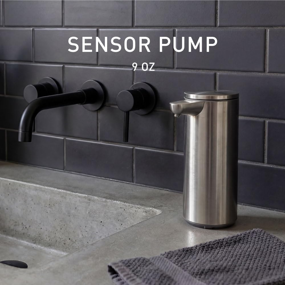 simplehuman Liquid Sensor Pump with Caddy, 9 oz Automatic Soap Dispenser for Kitchen and Bathroom, Touchless Motion Sensor, Variable Dispense, Rechargeable, High-Grade White Steel