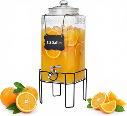 1.5 Gallon Glass Drink Dispenser, Drink Dispensers for Parties, Beverage Dispenser with Stand and Glass Lid, 100% Leakproof Spigot, Ideal for Lemonade, Juice, Iced Tea, Laundry Detergent