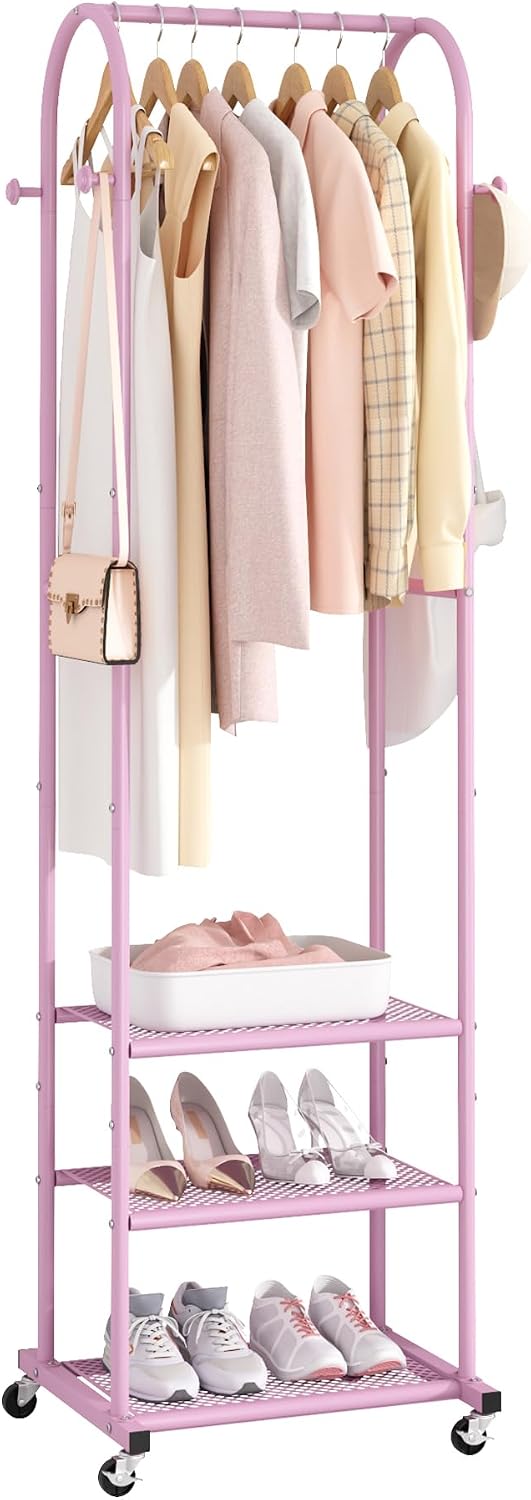 Kaitiemoo Heavy Duty Clothing Rack with Wheels,Modern Garment Rack with 3 Metal Shelves, 71.8Inches Display Rack for Hanging Clothes, Hanging Rod for Small Spaces,White