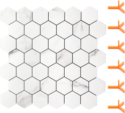 STICKGOO Peel and Stick Backsplash for Kitchen, Self-Adhesive Tile Hexagon Mosaic Tiles (10 Sheets, White Marble with Metal Gold )