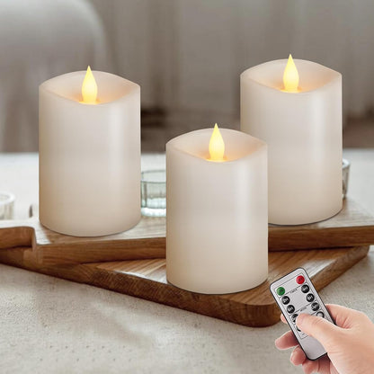 3x3 Flameless Candles with Remote Set of 2, 3 inch Battery Candles Flickering with Timer, LED Pillar Candle for Indoor/Outdoor, White