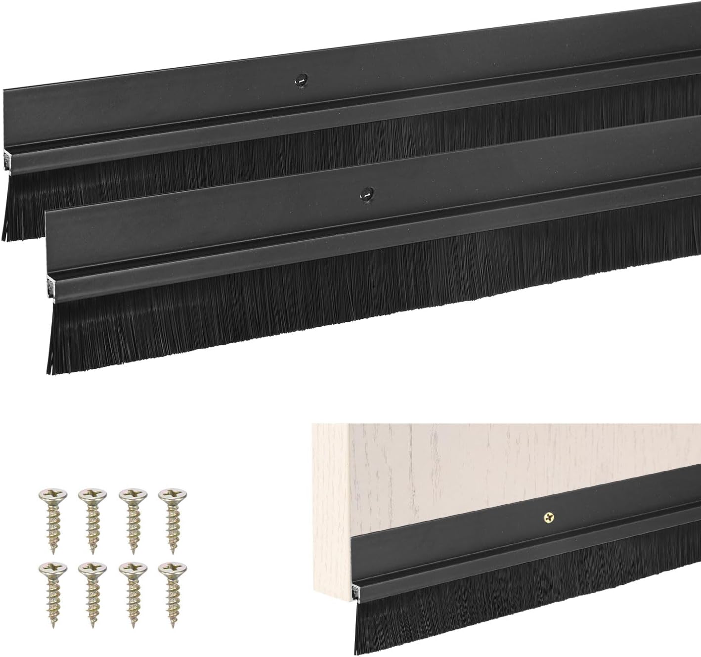 M METERXITY 2Pack Door Sweep - 39" Door Bottom Brush Heavy Duty Seal Draft Stopper Aluminum Base with 50mm Brush, Adhesive/Screw Installation for Interior/Exterior/Garage/Sliding Doors, Black