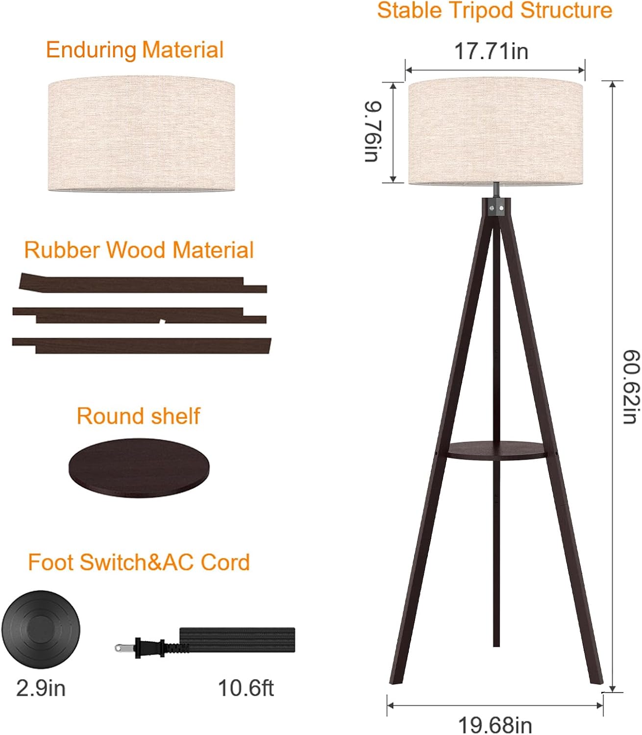 LEPOWER Tripod Floor Lamp, Mid Century Wood Standing Lamp, Modern Design Shelf Floor Lamp for Living Room, Bedroom, Office, Flaxen Linen Shade with E26 Base Brown