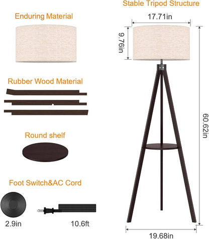 LEPOWER Tripod Floor Lamp, Mid Century Wood Standing Lamp, Modern Design Shelf Floor Lamp for Living Room, Bedroom, Office, Flaxen Linen Shade with E26 Base Brown