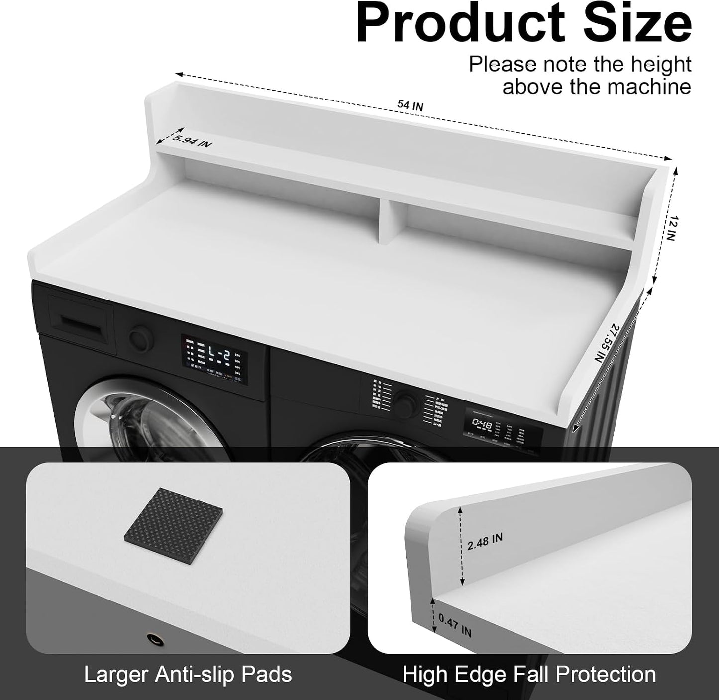 Washer Dryer Countertop, 54" x 27.55" 2-Tier Washer Dryer Topper with Edge, for Laundry Room Organization Whisper White