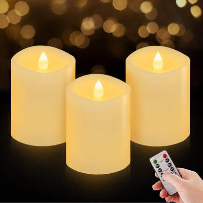 3x3 Flickering Flameless Candles Set of 2, 2AA Battery Life 600 Hours Battery Candles Flickering with Timer,3 inch Flameless Candles with Remote for Indoor/Outdoor, Ivory