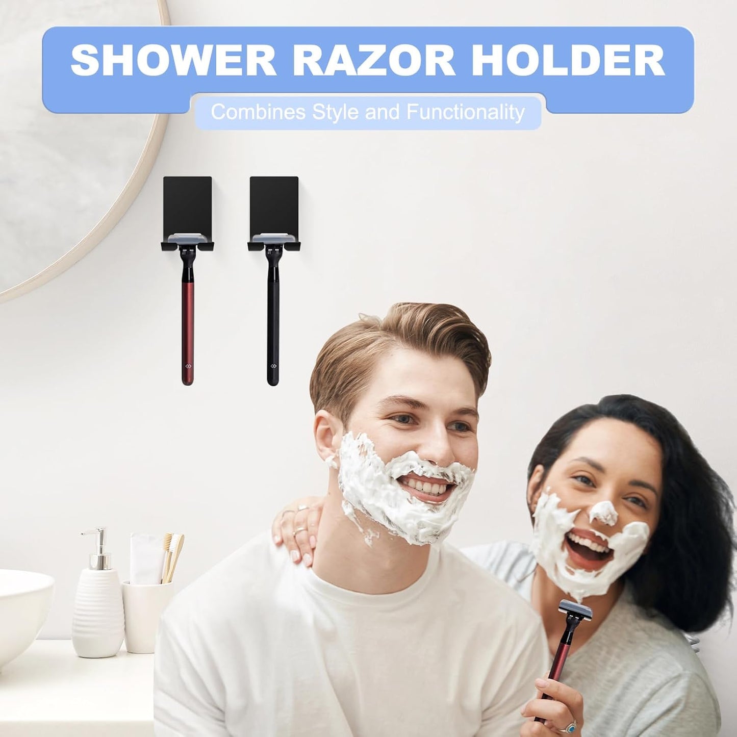 VIS'V Adhesive Razor Holder, Wall Mount Shower Razor Hooks for His and Hers, Metal, Waterproof, White, 2 Pcs