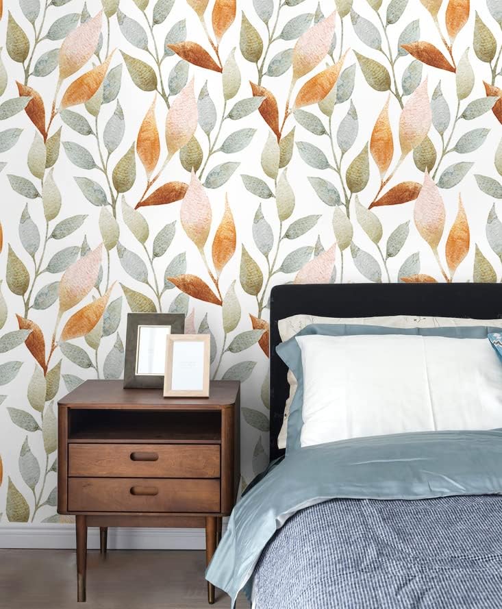 Floralplus Peel and Stick Wallpaper Removable Leaf Boho Wallpaper for Bathroom Floral Renter Friendly Wallpapers for Bedroom Leaf Contact Paper for Kitchen Cabinet Home Decor 17.5 x 118 in