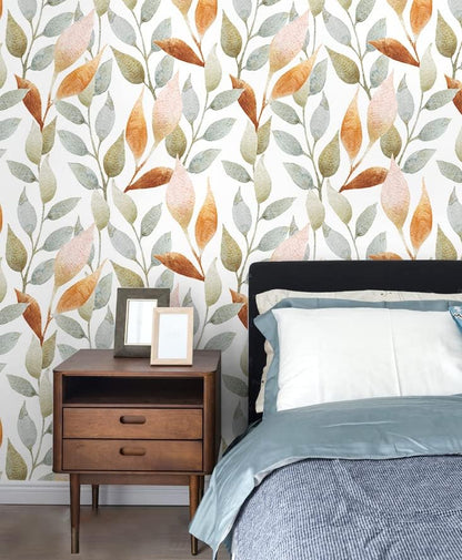 Floralplus Peel and Stick Wallpaper Removable Leaf Boho Wallpaper for Bathroom Floral Renter Friendly Wallpapers for Bedroom Leaf Contact Paper for Kitchen Cabinet Home Decor 17.5 x 118 in