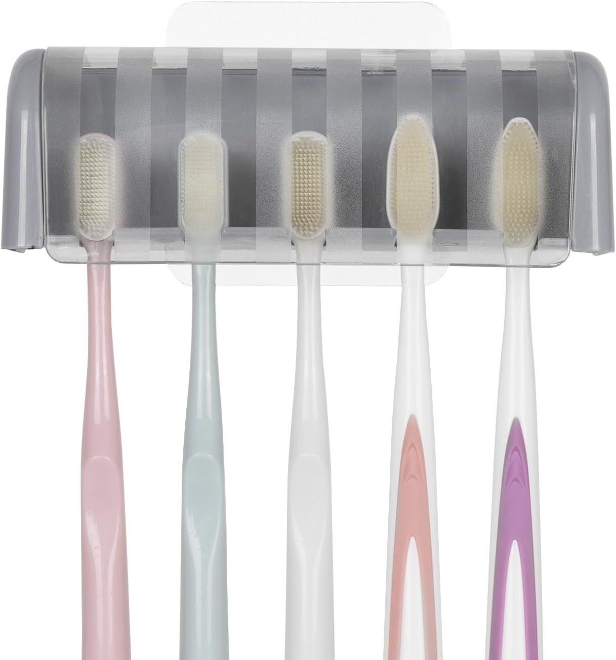 5 Slots Wall Mount Toothbrush Holder with Cover, Self Adhesive Toothbrush Storage Organizer for Shower, Toothbrush Hanger with Automatic Toothpaste Squeezer Dispenser