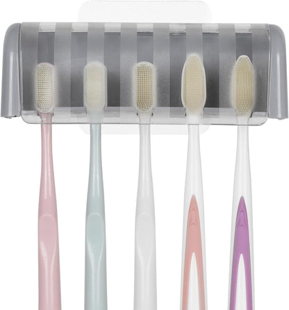5 Slots Wall Mount Toothbrush Holder with Cover, Self Adhesive Toothbrush Storage Organizer for Shower, Toothbrush Hanger with Automatic Toothpaste Squeezer Dispenser