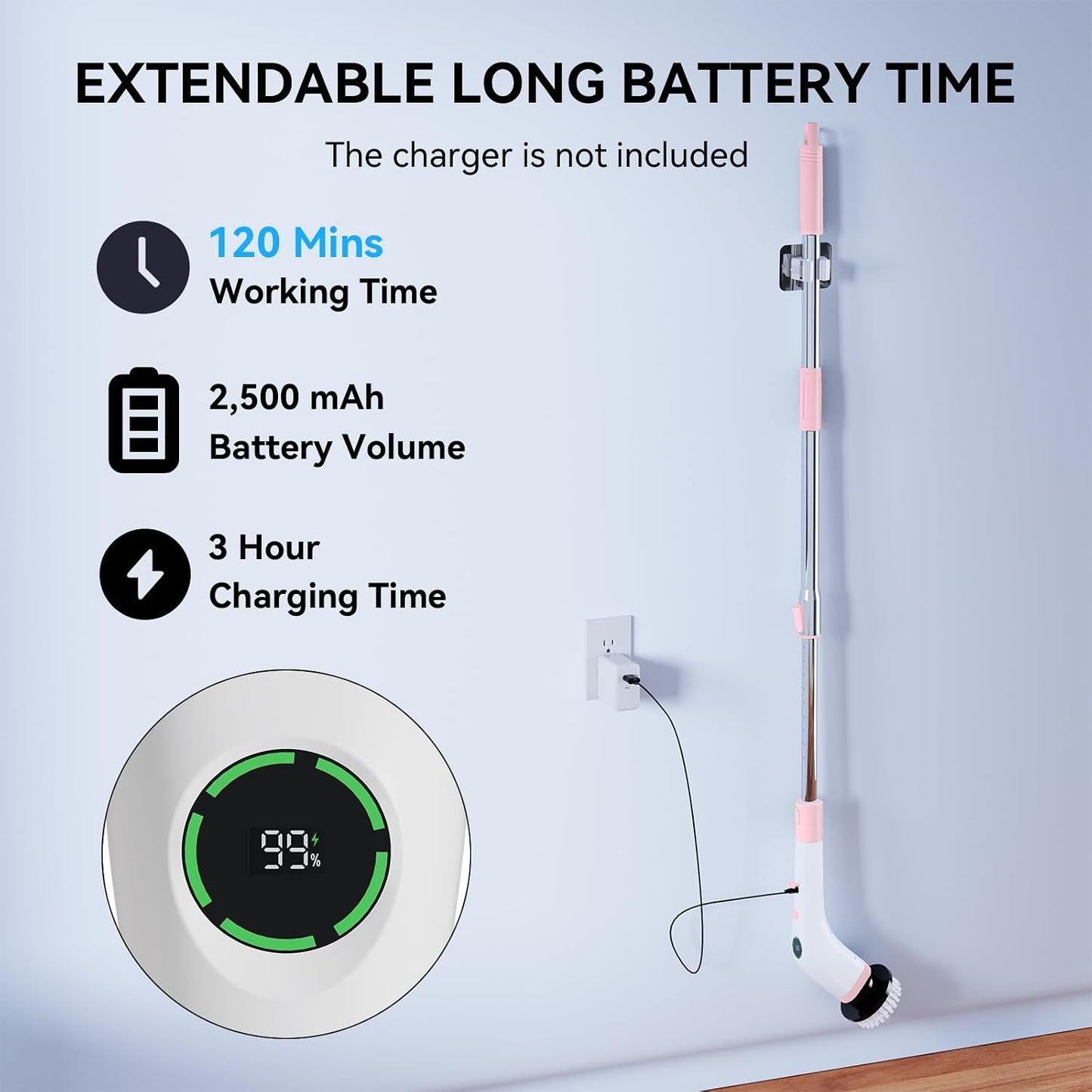 Electric Bathroom Cleaning Brush, Cordless Spin Scrubber Full Body Waterproof IPX7 with Adjustable Handle, 8 Replaceable Brush Heads for Bathtub/Kitchen/Window/Home -SD-CTB01