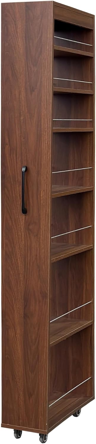 68'' Tall Narrow Storage Cabinet with Handle & Wheels, 7 Tier Pull-Out Kitchen Pantry Cart, Rolling Slim Freestanding Organizers Shelf Spice Rack for Small Spaces (White-Wheels, 7 Tier)