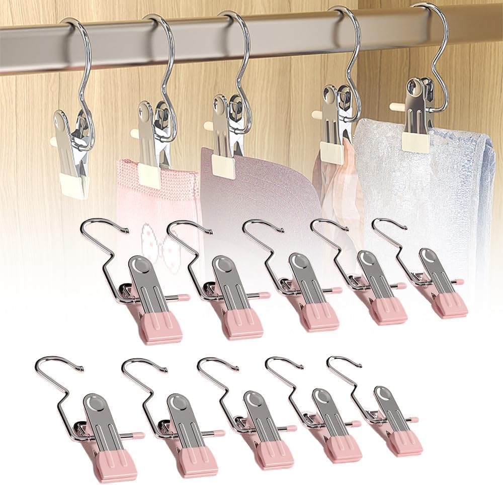 Space-Saving Clothespin Hat Pants Storage Hanging Travel Hook, Stainless Steel Boot Hangers Clips Boot Hangers for Closet, Laundry Hooks Hanging Clips Clothes Pins Socks Towel Clips (Black, 10Pcs)