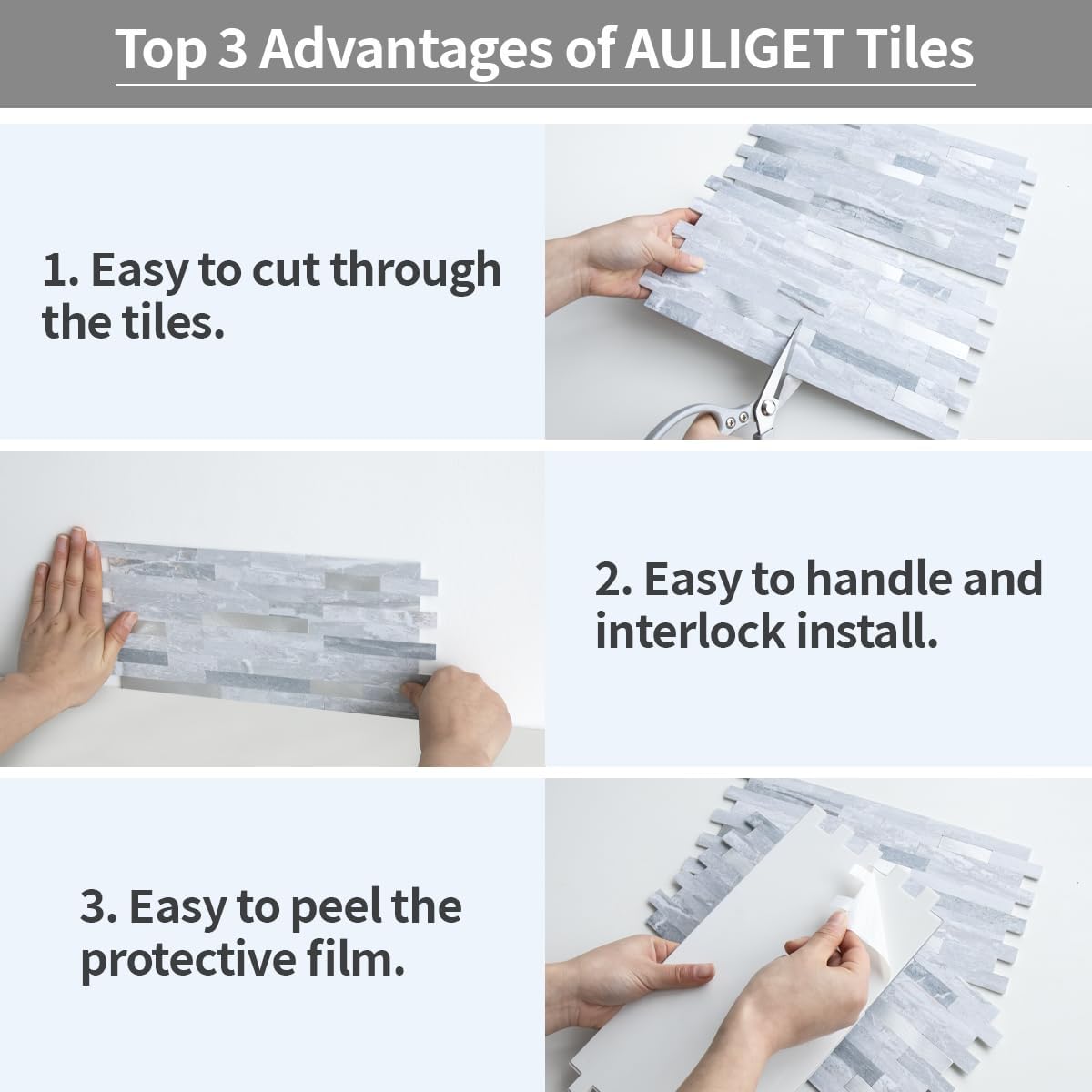 AULIGET 20 Sheets Peel and Stick Backsplash, Black & Grey Wood Look PVC Mixed Metal Stick on Backsplash Tiles for Kitchen