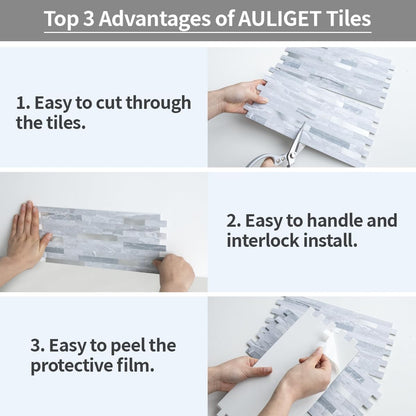 AULIGET 20 Sheets Peel and Stick Backsplash, Black & Grey Wood Look PVC Mixed Metal Stick on Backsplash Tiles for Kitchen