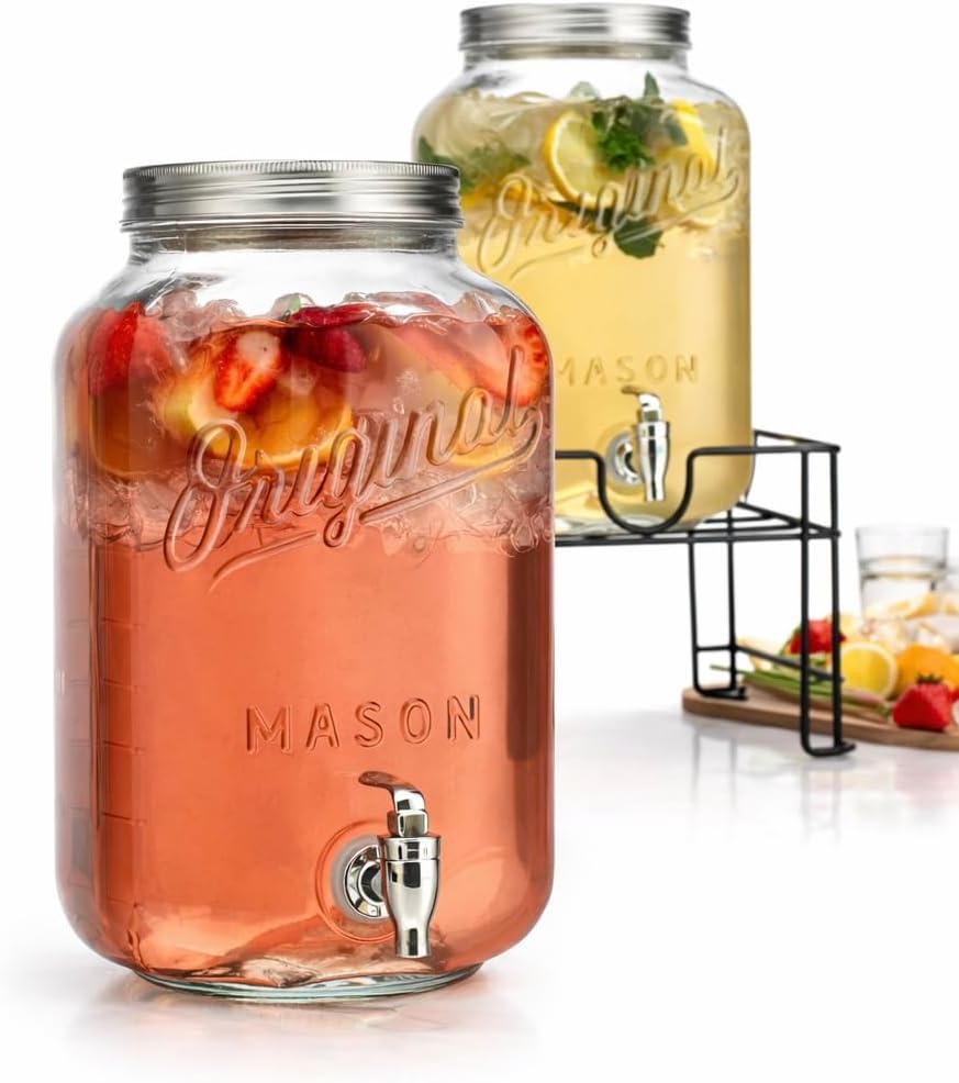 2 GALLON - 2 PACK Glass Drink Dispensers for Parties, Mason Jar Beverage Dispensers with Metal Stand, Glass Water Dispenser with Spigot, Laundry Detergent Dispenser