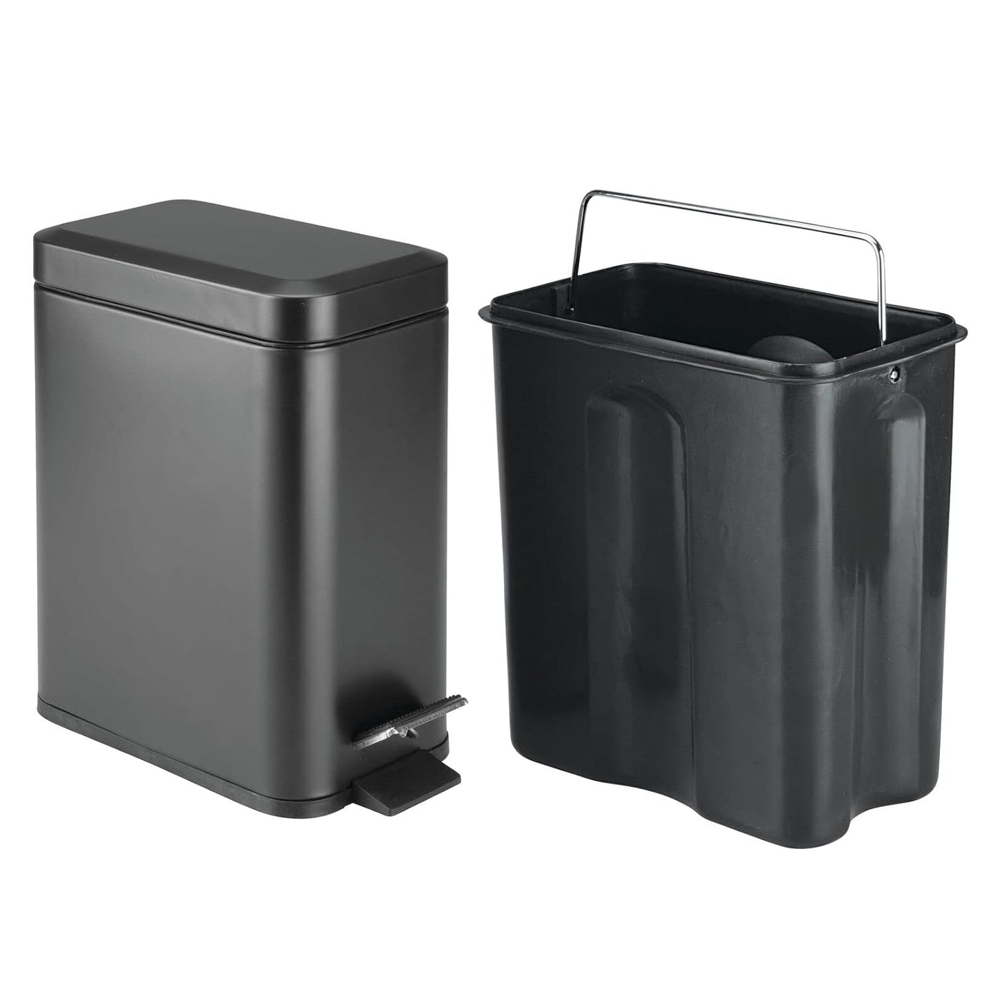 mDesign Metal Freestanding Slim Toilet Bowl Brush and Holder + Rectangle Narrow 5 Liter / 1.3 Gallon Step Pedal Trash Can Wastebasket for Bathroom - Small, Compact Design - Set of 2 - Brushed/Chrome