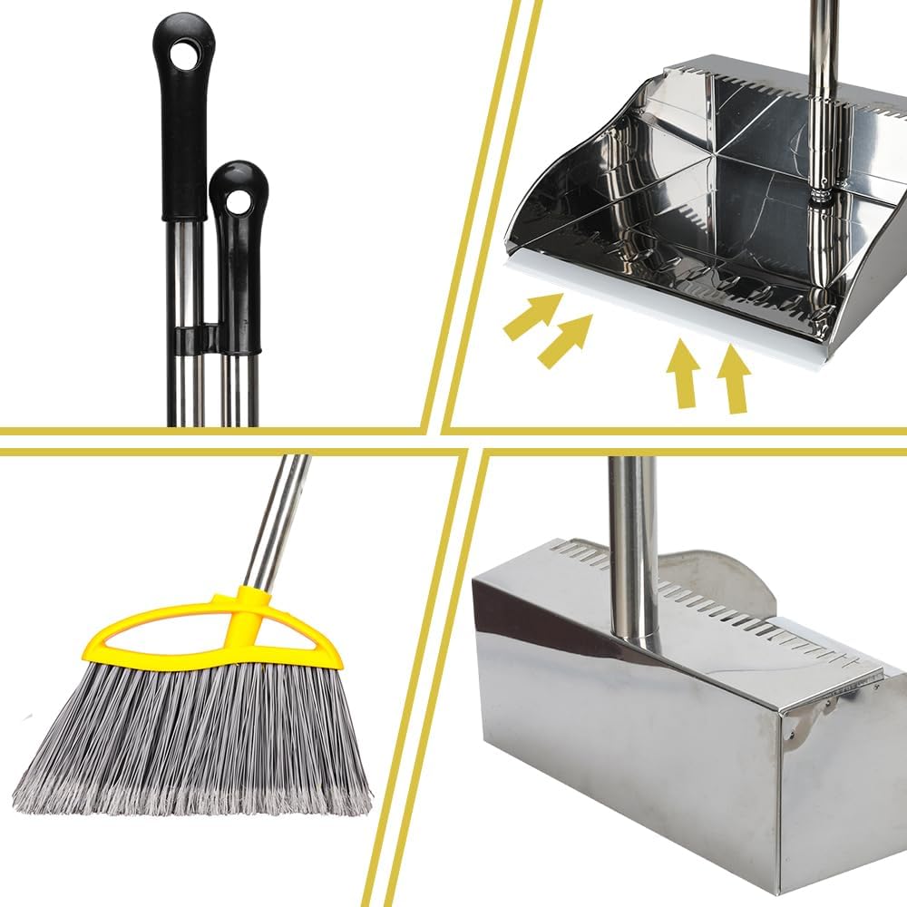 Stainless Steel Dustpan with Outdoor Stiff Bristles Broom,Long Handle Metal Dust Pan and Heavy Duty Broom for Home,Lobby,Office