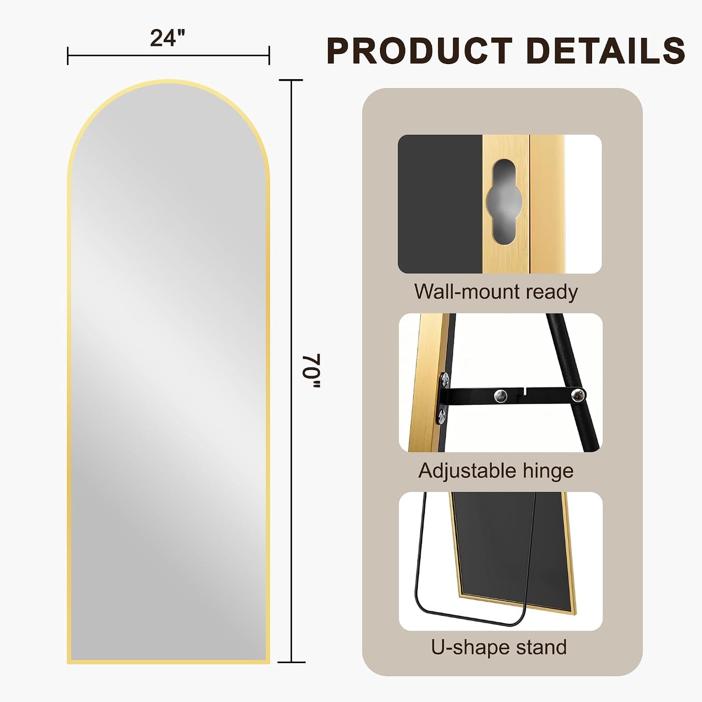 FICTOR Arched Full Length Mirror 15" x 56", Full Body Floor Mirror with Adjustable Stand, Free Standing Mirror with Aluminum Frame for Bedroom, Living Room, Cloakroom, Gold